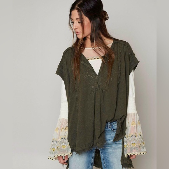 Free People Tops - Free People Aster Henley Oversized 1/2 Button Up Jersey T-Shirt With Raw Edges